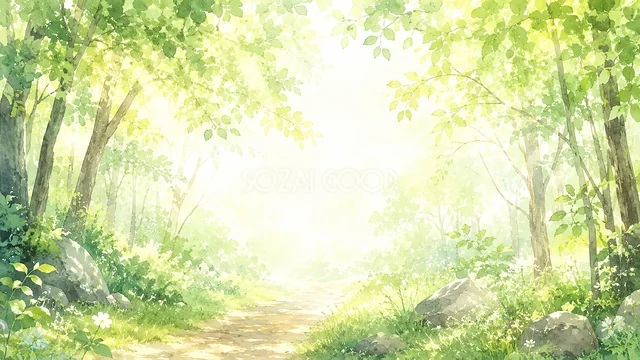 光あふれる新緑の森の小道を描いた水彩自然背景