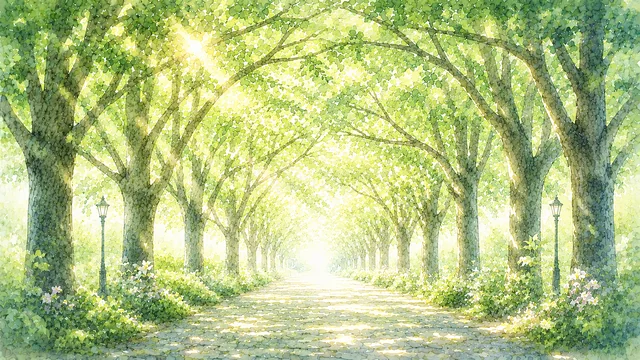 大きな木がトンネルを作る水彩の公園並木道背景