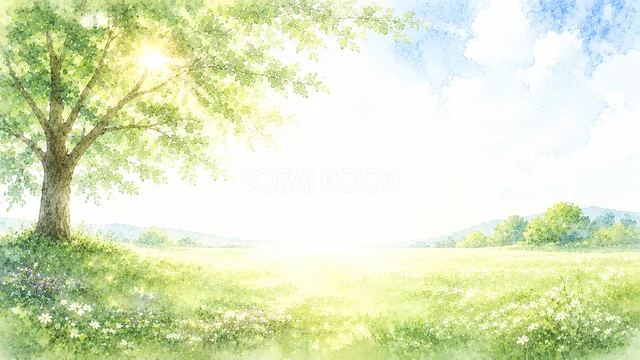 大きな木と広い草原を描いた青空の水彩自然背景・コピースペース