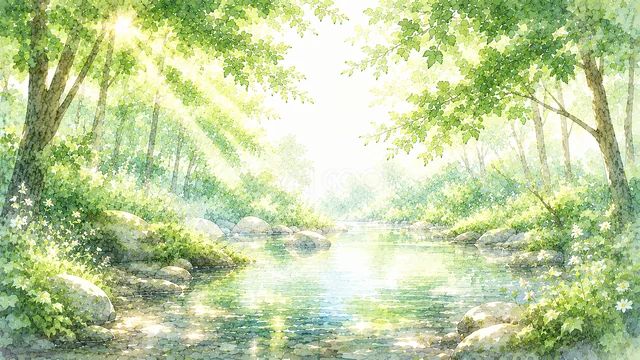 木漏れ日がきらめく新緑の森の小川を描いた水彩背景