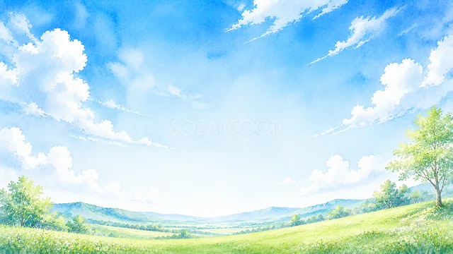 白い入道雲と緑の丘が広がる水彩の夏空背景