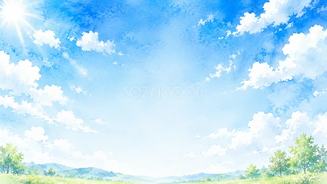 緑の丘と広い青空を描いた水彩パノラマ背景
