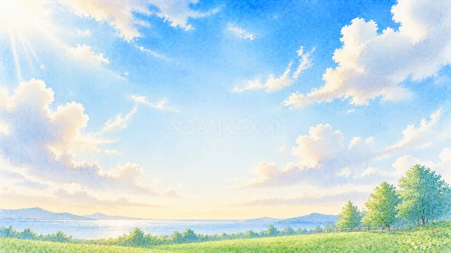 淡い夕焼け雲と草原を描いた優しい水彩空背景