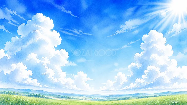 青空にそびえる大きな入道雲を描いた水彩夏背景
