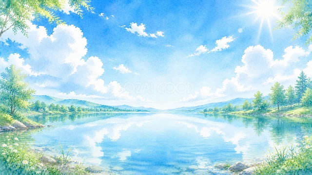 白い雲と青空を映す湖を描いた明るい水彩背景