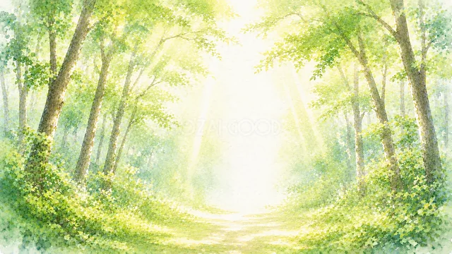 光あふれる新緑の森の小道を描いた水彩自然背景