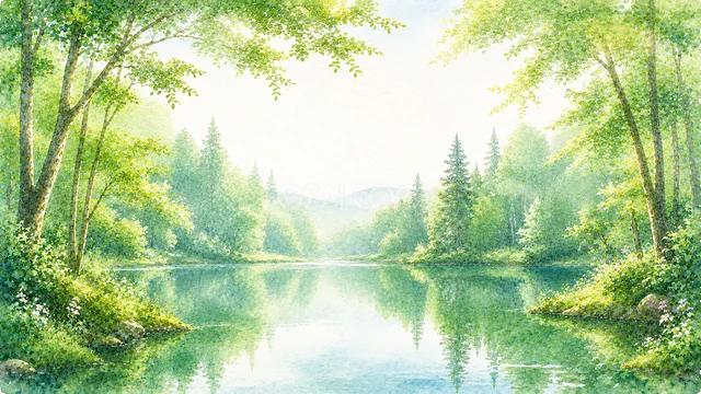 針葉樹と山並みが水面に映る水彩の森の湖背景