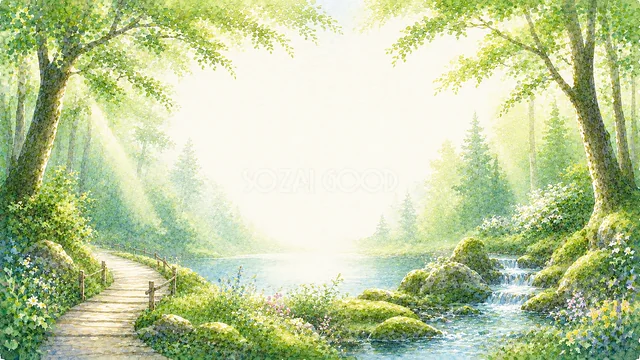 湖畔の木道と小川を描いた木漏れ日の水彩自然背景