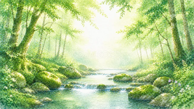 苔と岩に囲まれた透明な水彩の森の清流背景