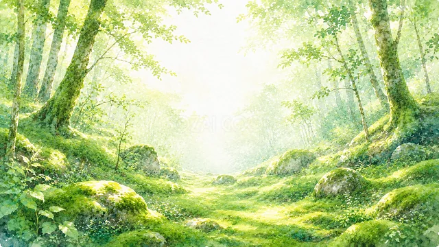 苔むした木々と光が美しい水彩森林背景・コピースペース