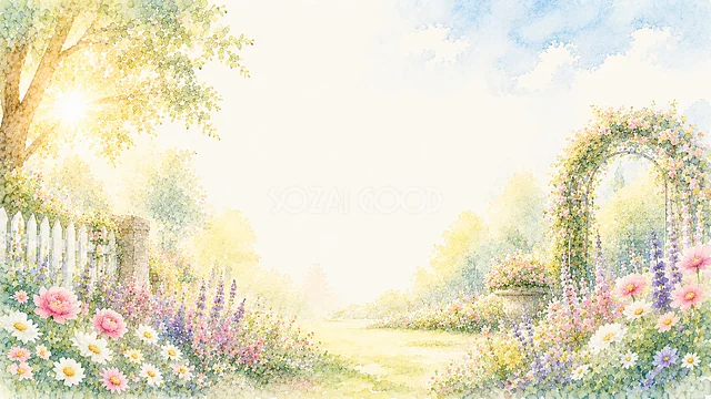 白い柵と花のアーチがある水彩ガーデン小道背景