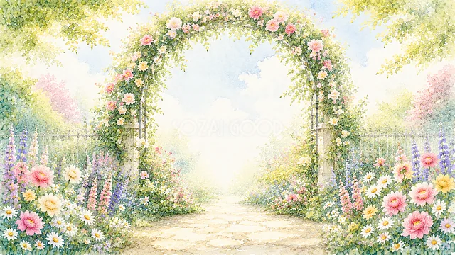大きな花のアーチと石畳の水彩ガーデン背景
