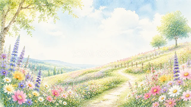 花咲く丘を曲がる小道と一本木を描いた水彩自然背景
