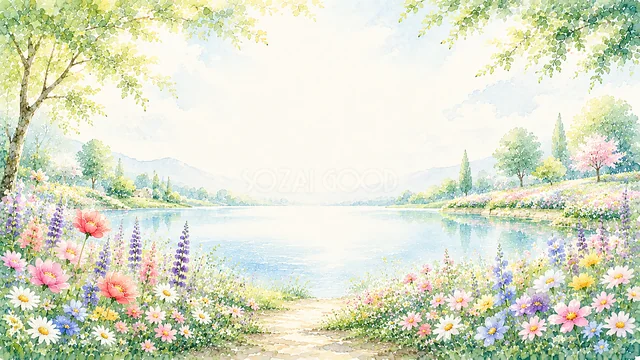 山と湖を望む色鮮やかな水彩フラワーガーデン背景