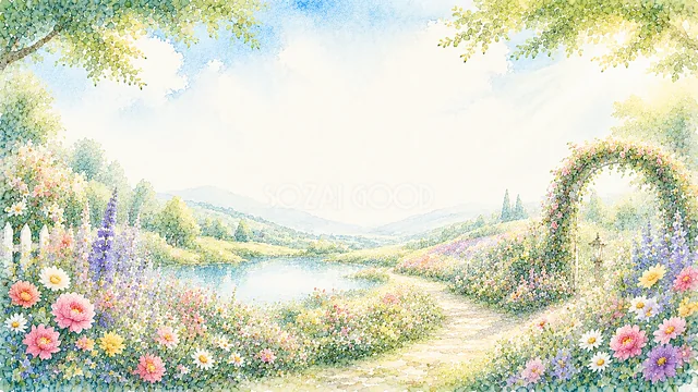 湖畔の花畑とアーチを描いた水彩庭園背景