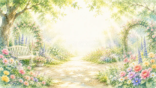 木製ベンチと季節の花に囲まれた水彩庭園小道背景