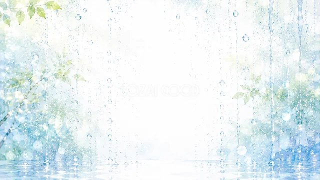 雨粒と青い水面を描いた涼しげな水彩背景・コピースペース
