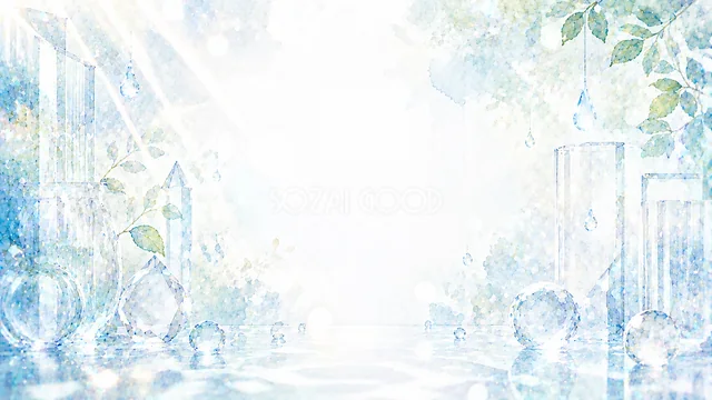 透明なガラス器と青緑の葉を飾った水彩フレーム背景