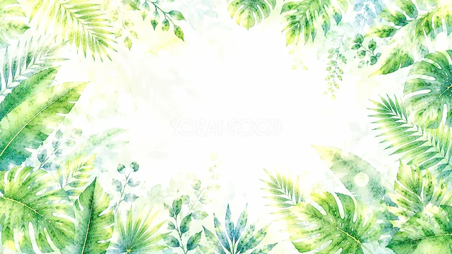 ヤシの葉の下辺飾りのトロピカル水彩背景