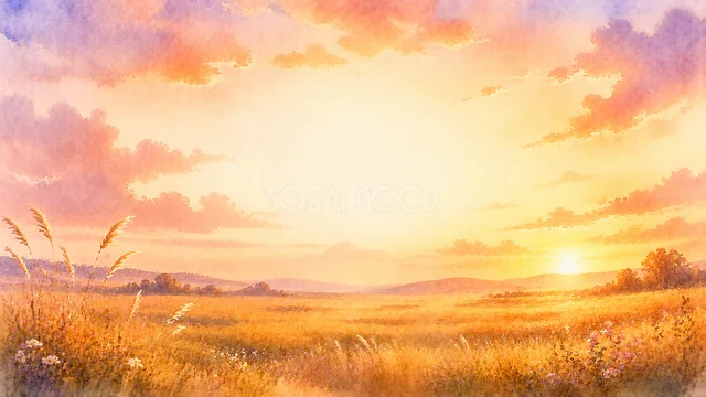 黄金色の草原と夕焼け空を描いた水彩自然背景