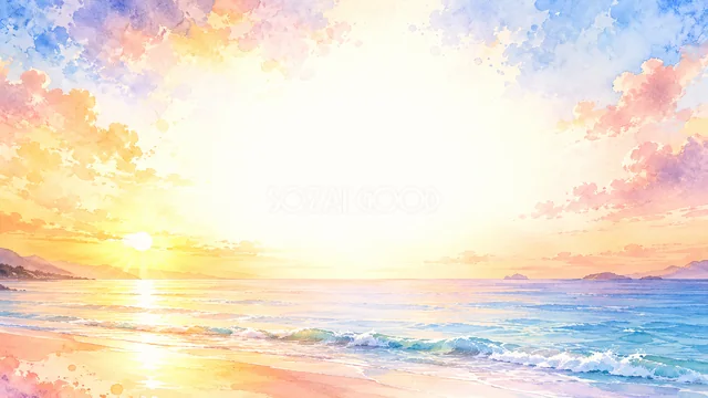 波打ち際に沈む夕日と彩雲を描いた水彩海辺背景