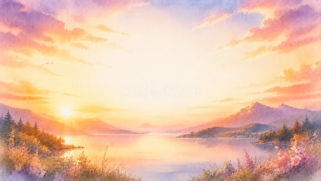 花咲く高原と朝日に染まる山並みを描いた水彩背景