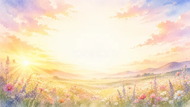 朝日に輝く花畑と山並みを描いた明るい水彩自然背景