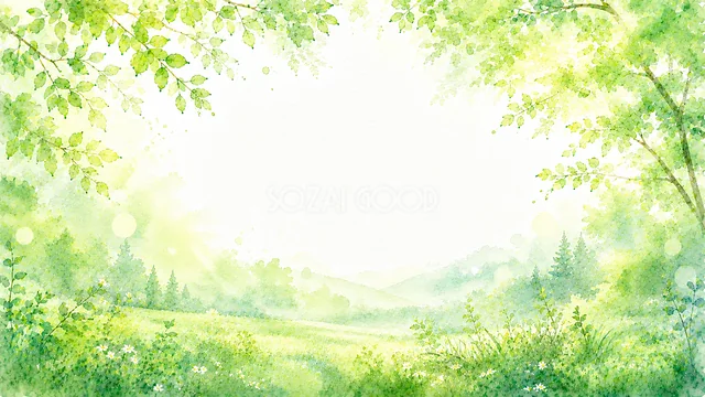山を望む草原の緑あふれる自然背景
