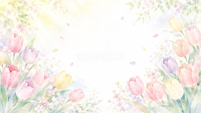 淡いチューリップ畑のパステルカラー水彩花背景