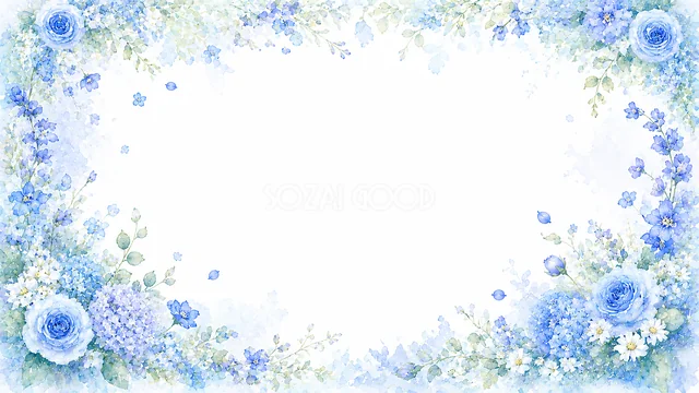 青いバラの下辺飾りの青い花水彩背景