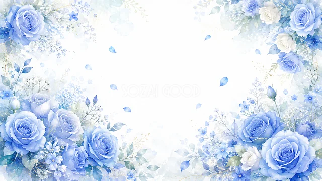 青いバラの囲みの青い花水彩背景