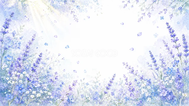 ラベンダーとコスモスの青い花水彩背景
