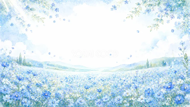 青い花畑の青い花水彩背景