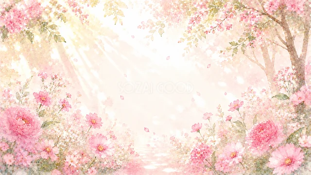 桜が咲く庭のピンクの花水彩背景