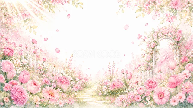 ピンクの花の小道のピンクの花水彩背景