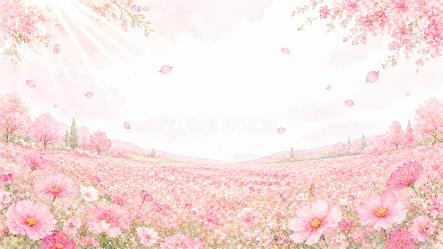 ピンクの花畑のピンクの花水彩背景