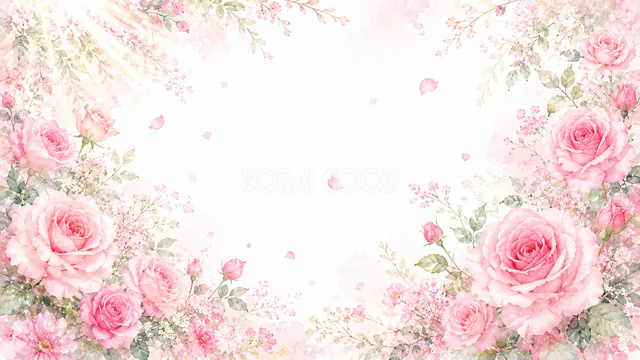 ピンクのバラの囲みのピンクの花水彩背景