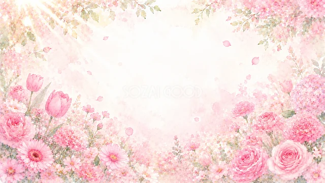ピンクのバラ園のピンクの花水彩背景