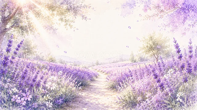 山を望むラベンダー畑のラベンダー水彩背景