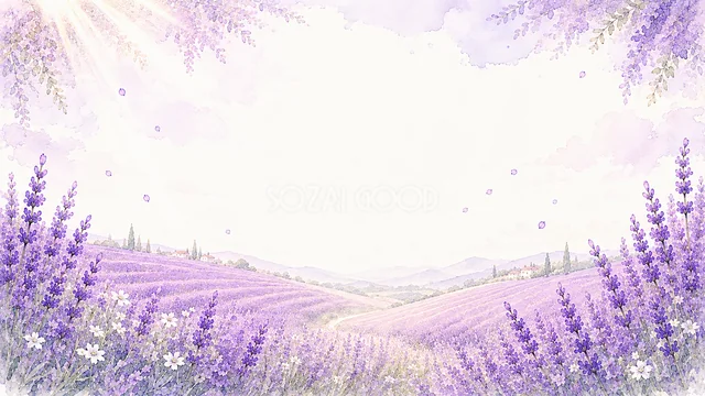 一面のラベンダー畑のラベンダー水彩背景