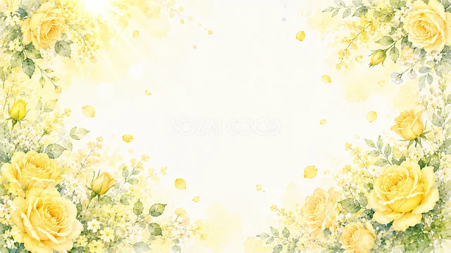 黄色いバラの囲みの黄色い花水彩背景