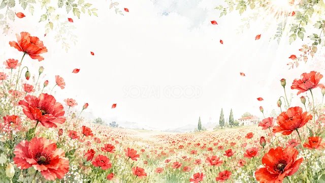 赤いポピー畑の赤い花水彩背景