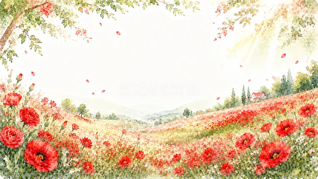 丘に広がるポピー畑の赤い花水彩背景