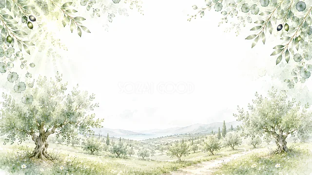 オリーブの草原のユーカリとオリーブ水彩背景
