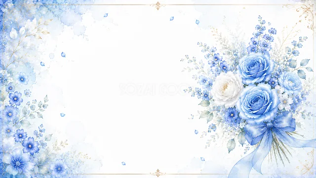 左側に青い花束の青い花水彩背景