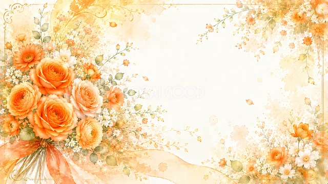 オレンジの花のコーナーのオレンジ色の花水彩背景