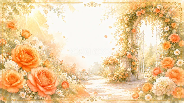 オレンジのバラの小道のオレンジ色の花水彩背景