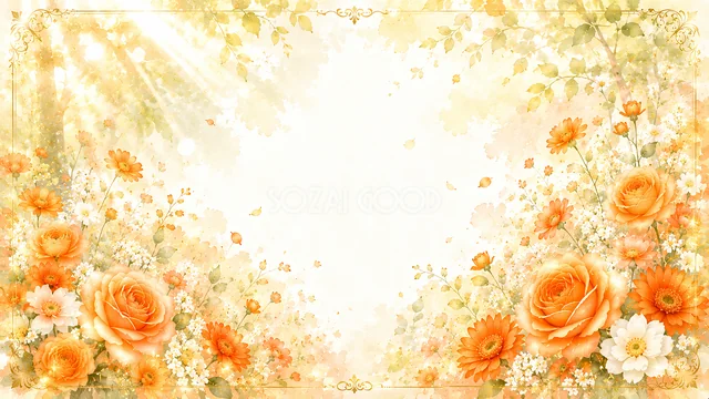 日差しを浴びたオレンジの花園のオレンジ色の花水彩背景