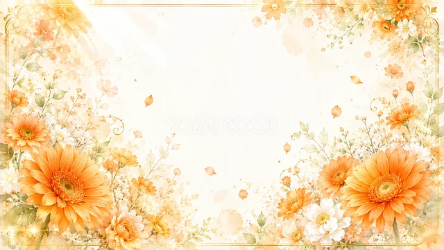 オレンジのガーベラの角飾りのオレンジ色の花水彩背景