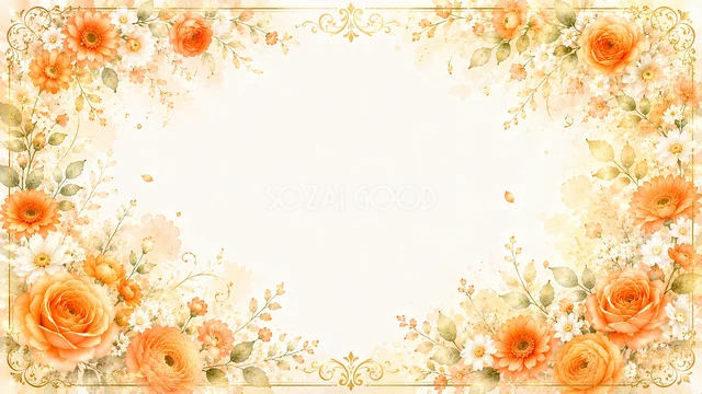 オレンジのバラの下辺飾りのオレンジ色の花水彩背景